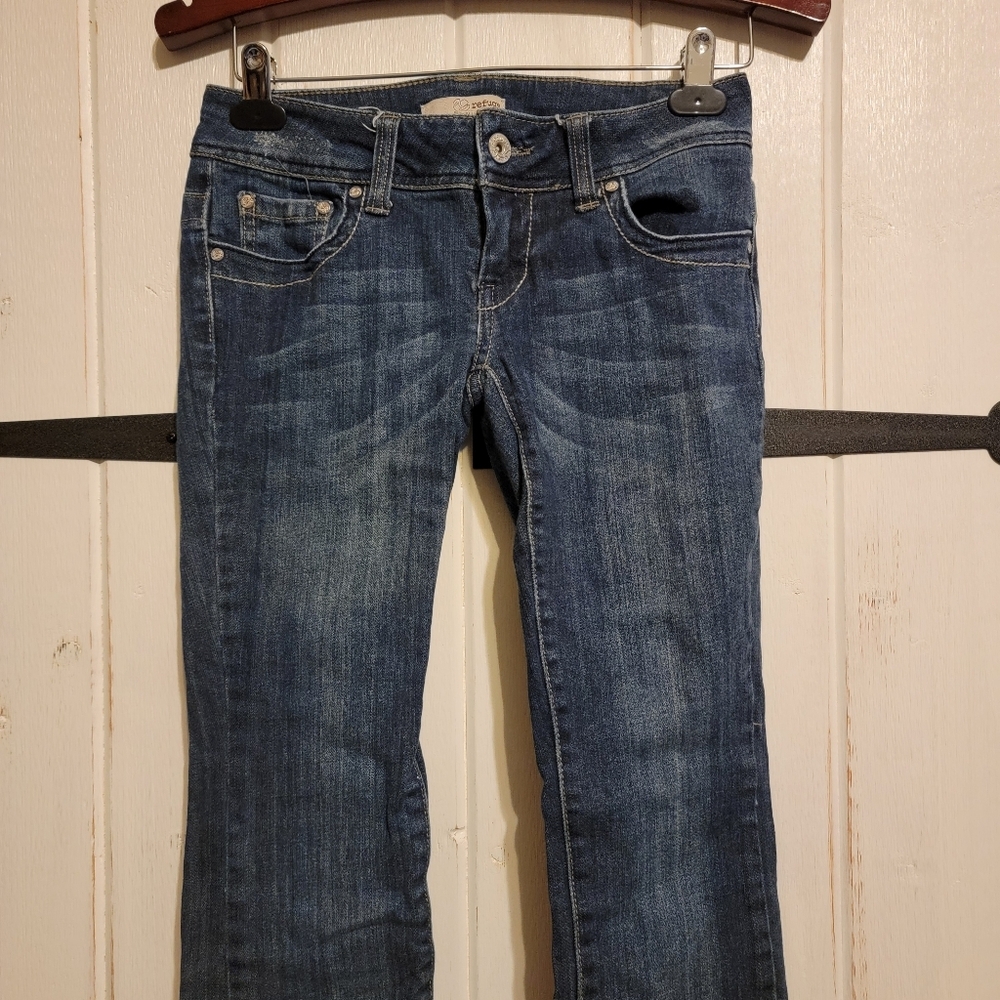 Refuge Womens Jeans Blue Denim Slim Bootcut Low Rise Distressed Size 3 Short - Picture 2 of 6